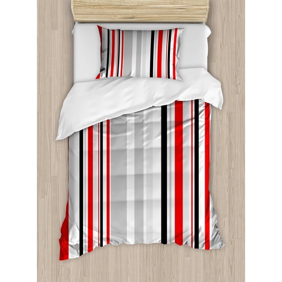 Vintage Twin Size Duvet Cover Set, Stripes in Different Sizes Retro Style Digital Abstract Lines Old Fashioned, Decorative 2 Piece Bedding Set with 1 Pillow Sham, Grey Red Black, by Ambesonne
