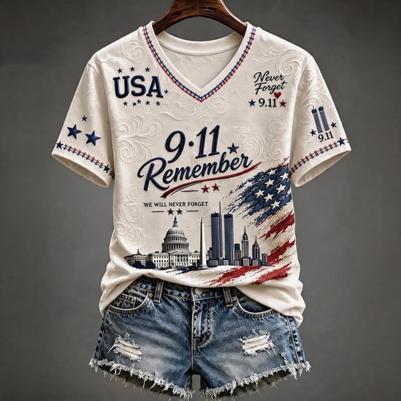 Vintage Twin Towers 9/11 25th Anniversary T-Shirt for Women We Will Never Forget Patriotic Printed Short Sleeve V-Neck September 11 Memorial Tee