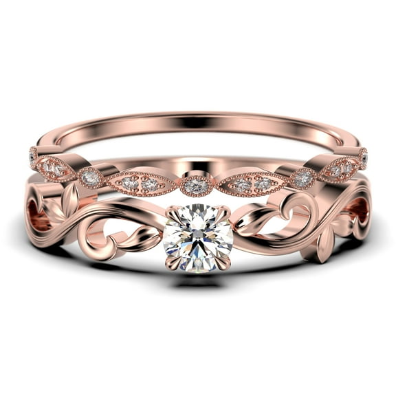 Vintage Twisted Salt And Pepper 1.00 Carat Round Cut Diamond Moissanite Engagement Ring, Antique Design Wedding Ring in10k Solid Rose Gold, Promise Ring, Bridal Set, Matching Band