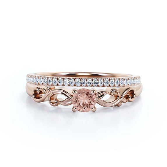 Vintage Twisted Salt And Pepper 1.00 Carat Round Cut Morganite And Diamond Moissanite Engagement Ring, Antique Design Wedding Ring in10k Solid Rose Gold, Promise Ring, Bridal Set, Matching Band