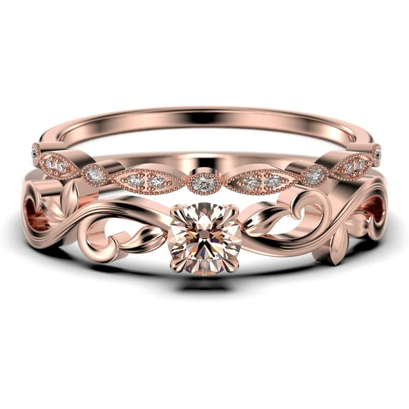 Vintage Twisted Salt And Pepper 1.00 Carat Round Cut Morganite And Diamond Moissanite Engagement Ring, Antique Design Wedding Ring in10k Solid Rose Gold, Promise Ring, Bridal Set, Matching Band