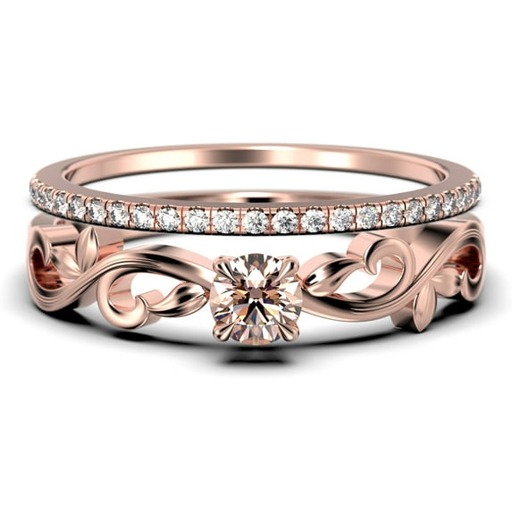 Vintage Twisted Salt And Pepper 1.00 Carat Round Cut Morganite And Diamond Moissanite Engagement Ring, Antique Design Wedding Ring in10k Solid Rose Gold, Promise Ring, Bridal Set, Matching Band