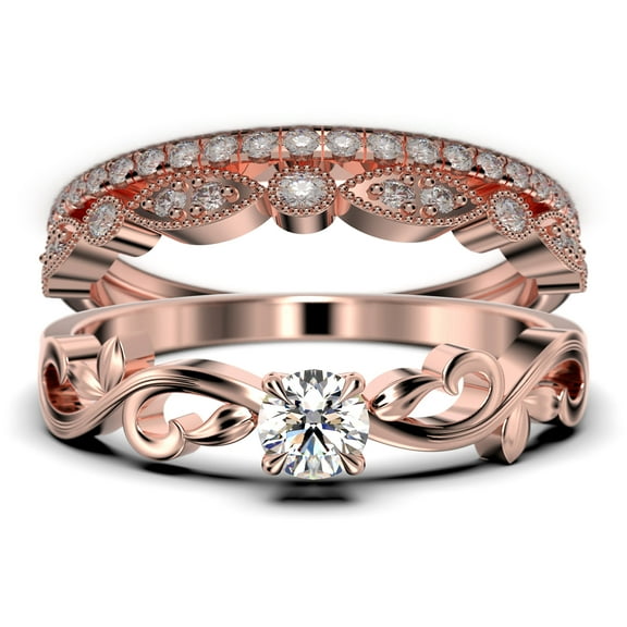 Vintage Twisted Salt And Pepper 1.50 Carat Round Cut Diamond Moissanite Engagement Ring, Antique Design Wedding Ring in10k Solid Rose Gold, Promise Ring, Trio Set, Matching Band