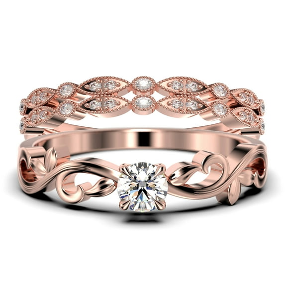 Vintage Twisted Salt And Pepper 1.50 Carat Round Cut Diamond Moissanite Engagement Ring, Antique Design Wedding Ring in10k Solid Rose Gold, Promise Ring, Trio Set, Matching Band