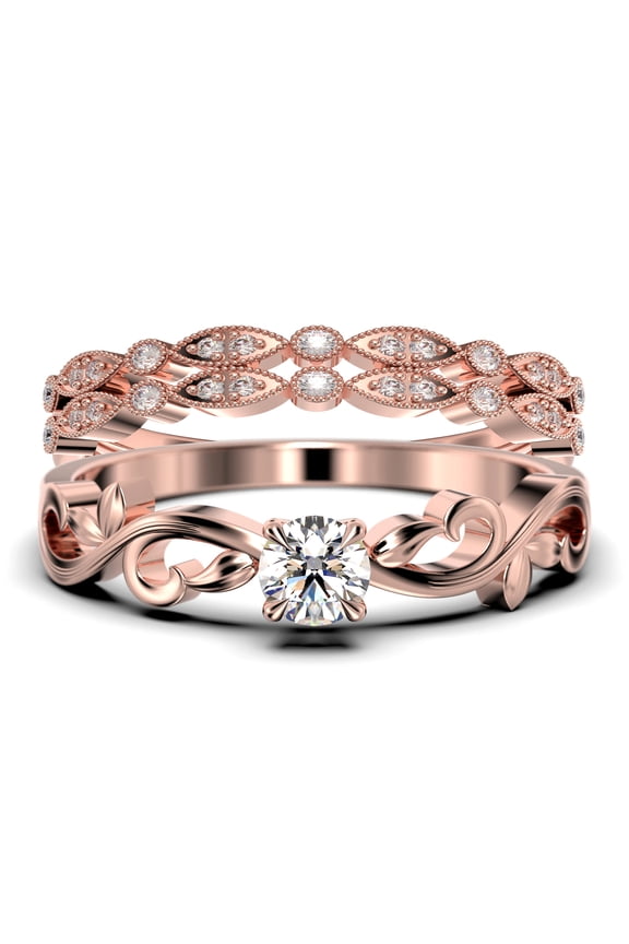 Vintage Twisted Salt And Pepper 1.50 Carat Round Cut Diamond Moissanite Engagement Ring, Antique Design Wedding Ring in10k Solid Rose Gold, Promise Ring, Trio Set, Matching Band