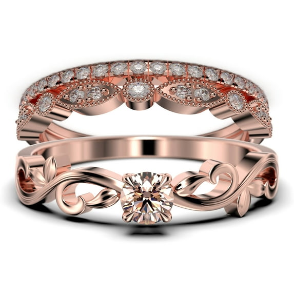 Vintage Twisted Salt And Pepper 1.50 Carat Round Cut Morganite And Diamond Moissanite Engagement Ring, Antique Design Wedding Ring in10k Solid Rose Gold, Promise Ring, Trio Set, Matching Band