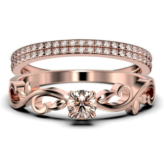 Vintage Twisted Salt And Pepper 1.50 Carat Round Cut Morganite And Diamond Moissanite Engagement Ring, Antique Design Wedding Ring in10k Solid Rose Gold, Promise Ring, Trio Set, Matching Band