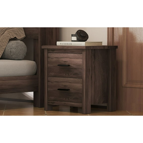 Vintage Two Drawer Nightstand, Simple and Generous Storage Space,Dark Walnut