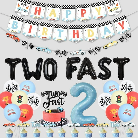 Vintage Two Fast Birthday Retro Race Car Birthday Party Balloons Decorations for Boys Pastel Color Happy Birthday Banner Cake Topper Balloons Set Race Car 2nd Birthday Party Supplies