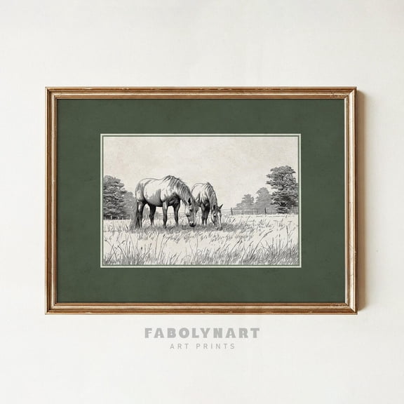 Vintage Two Horses Wall Art Sage Green Farm Animal Sketch Country Farmhouse Decor, Unframed Canvas