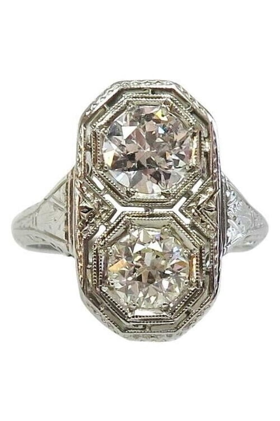 Vintage Two Stone Long Dinner Diamond Ring, Art Deco Engraved Shank Ring, Antique Openwork Filigree Ring, Vintage Statement Ring, 925 Sterling Silver, 2.1 Ct Simulated Diamond
