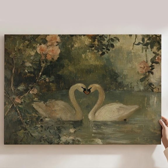 Vintage Two Swans Forming Heart With Roses Framed Canvas Wall Art - Romantic Classic Decor For Bedroom Living Room, Timeless Oil Painting Style Print 24*36inch(60*90cm)