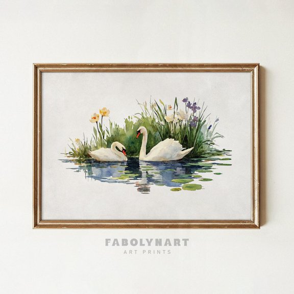 Vintage Two Swans Rustic Lake Bird Countryside Landscape, Unframed Canvas