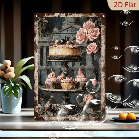 Vintage Two-Tiered Silver Cake Stand with Cheesecake and Cupcakes, Pink Roses & Classical Architecture, 8x12 Inches Metal Wall Art Print