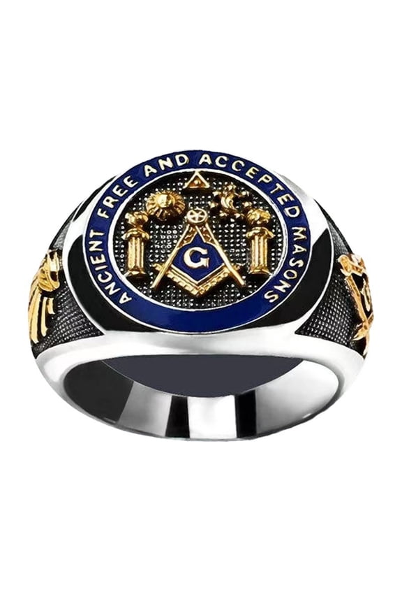Vintage Two-Tone Gold Silver Masonic Ring for Men, Engraved Ancient Free & Accepted Masons Lettering, Square Compass Pillar Sun Moon Symbol Freemason Signet Ring
