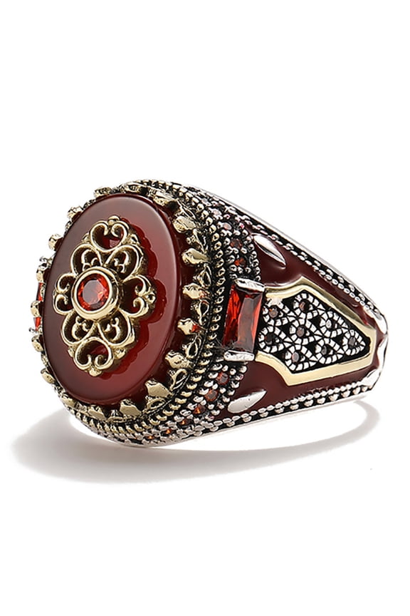 Vintage Two Tone Mens Red Onyx Ring Alloy Inlay Semi Precious Stone Classic Jewelry Accessory Handcrafted Item