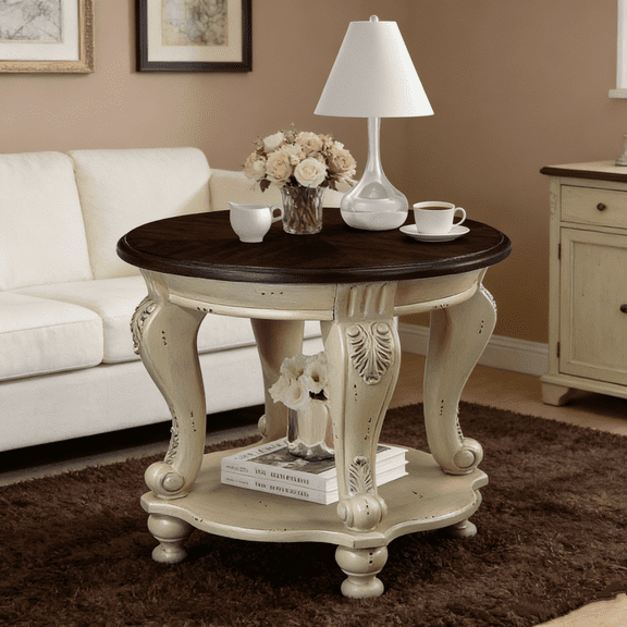 Vintage Two-Tone Round Wood End Table, Floral Carved Living Room Sofa Side Table, Heat/Scratch Resistant Family Safe