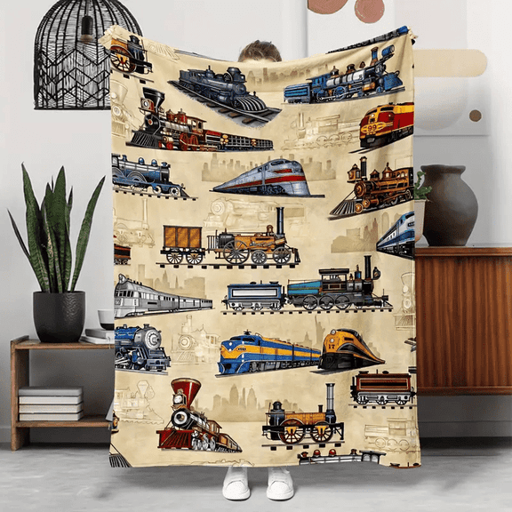 Vintage Types of Train Printed Blanket, All Over Railway Locomotive Theme Throw for Bed Couch Sofa, Classic Train Bedding Decor, Unique Gift Idea for Train Lovers