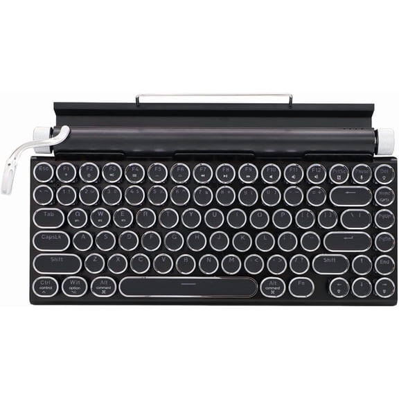 Vintage Typewriter-Style 83-Key Wireless Mechanical Keyboard with LED Backlight, Bluetooth 5.0, Blue Switches, and Wood Panel, Compatible with Multiple Systems and Gaming