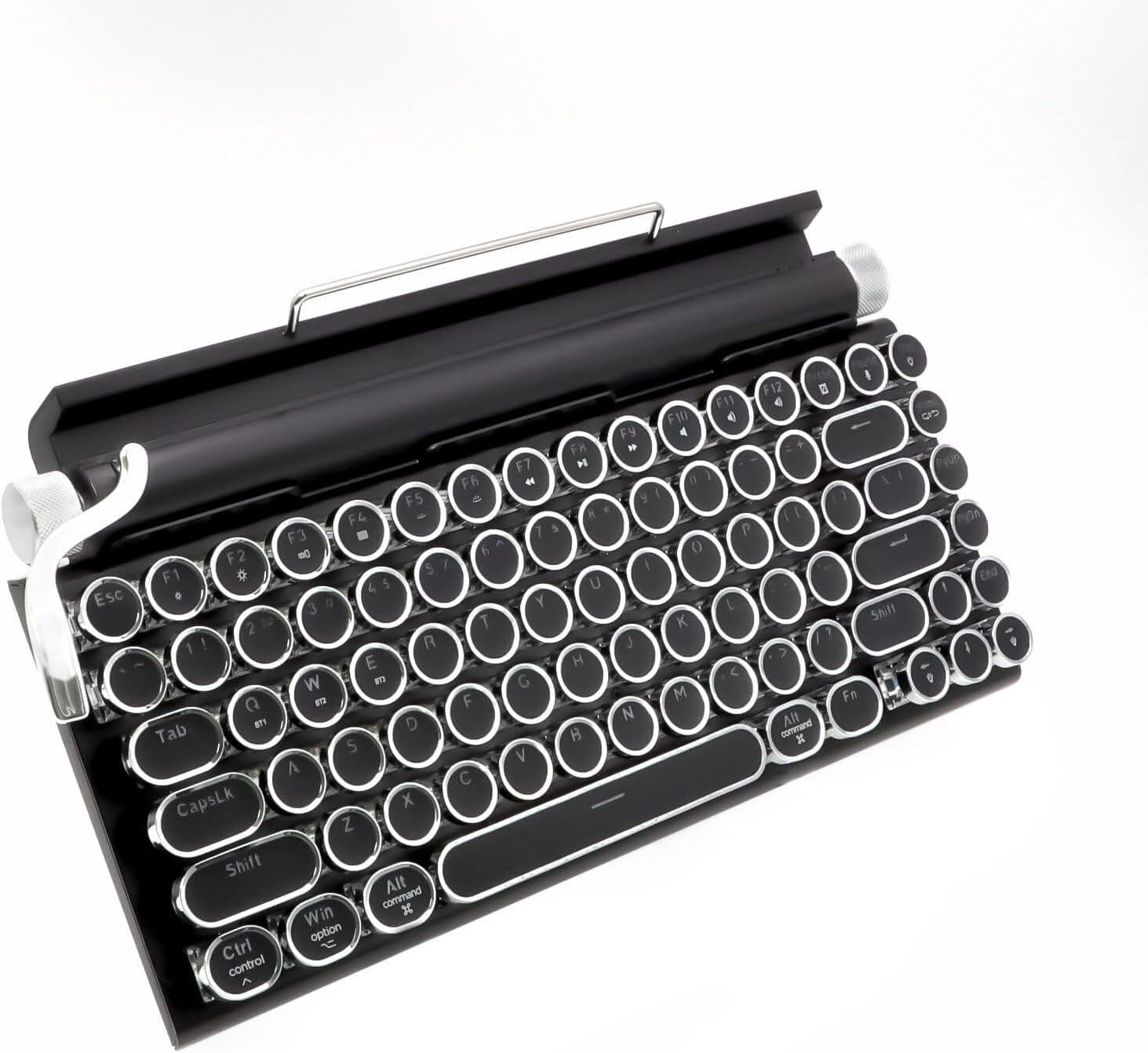 Vintage Typewriter-Style 83-Key Wireless Mechanical Keyboard with LED Backlight, Bluetooth 5.0, Blue Switches, and Wood Panel, Compatible with Multiple Systems and Gaming