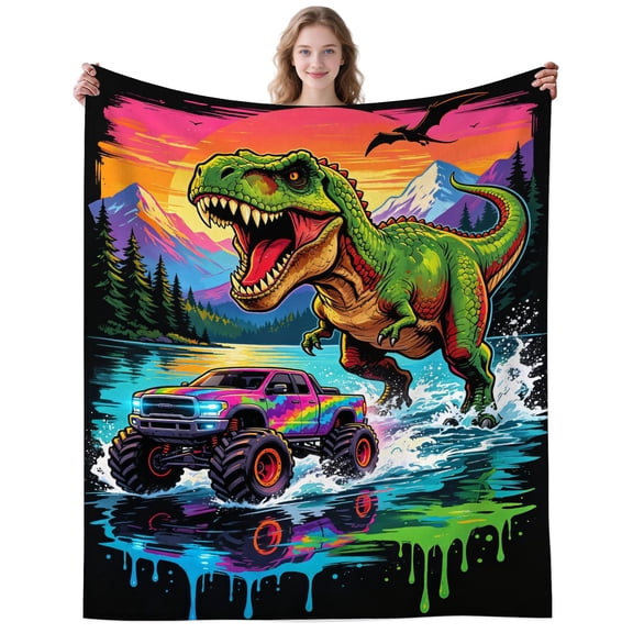 Vintage Tyrannosaurus Rex Truck Blanket Gifts for Women Men Adults Dinosaur Lovers Forest Dinosaurs Trucks Throw Blankets for Travel Sofa Decor Birthday Gifts 50×40 Inch