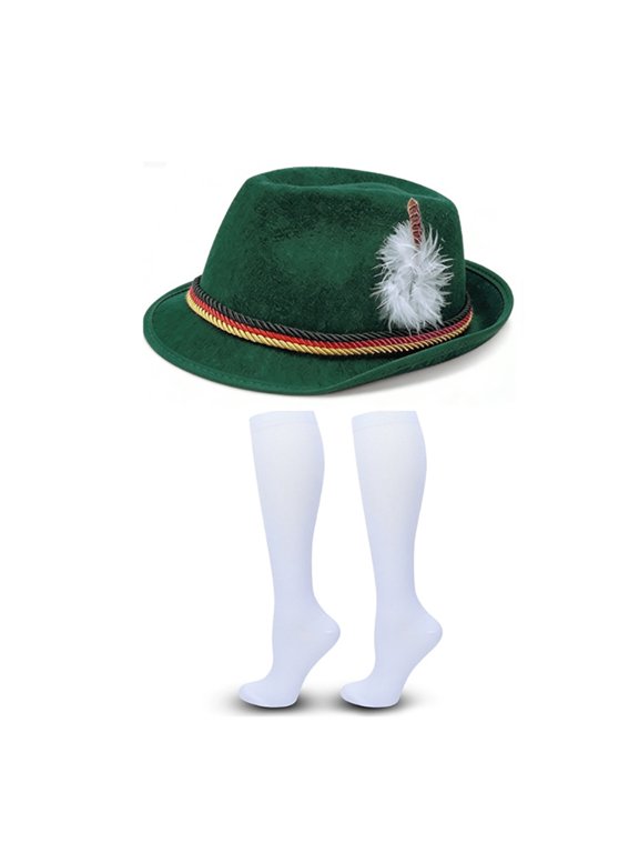 Vintage Tyrolean Hat with Feather & Knee High Socks, Men Oktoberfest Cosplay Accessory Kit for Themed Party,One Size