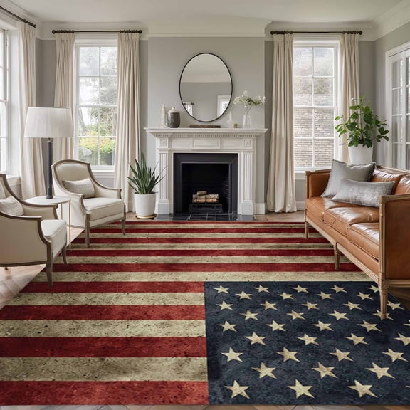 Vintage U.S. Flag 8'x10' Large Area Rug for Living Room Sectional Sofa, Red White Striped Star Independence Day Washable Non Slip Low Pile Rectangle Area Rug