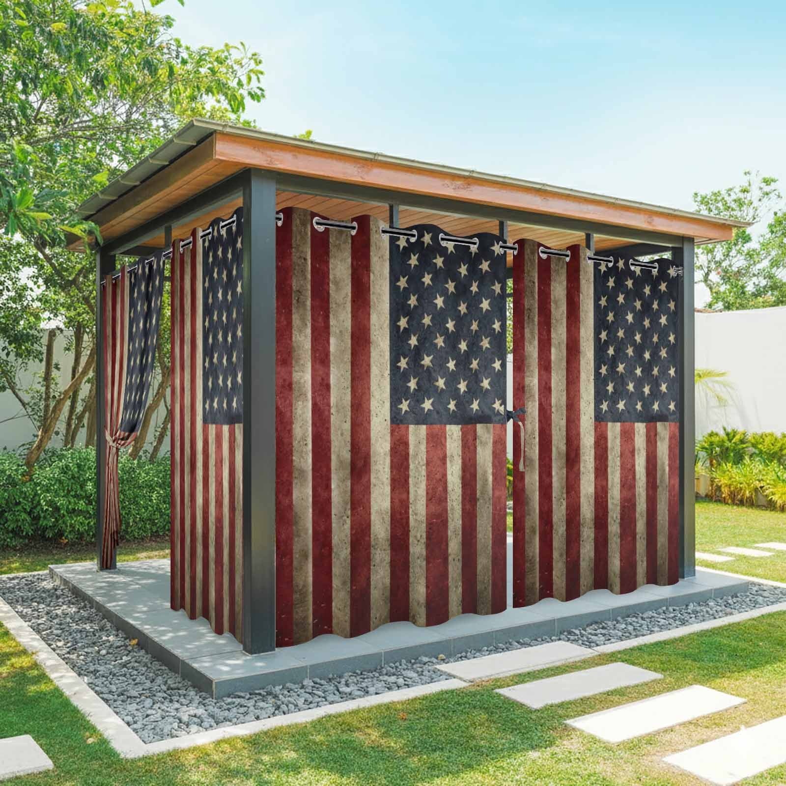 Vintage U.S. Flag Outdoor Curtains for Patio, Red White Striped Star Independence Day Sunshade Privacy Drapes Grommet Waterproof Outside Curtains for Porch/Cabana/Balcony 54"x 108", 1 Panel