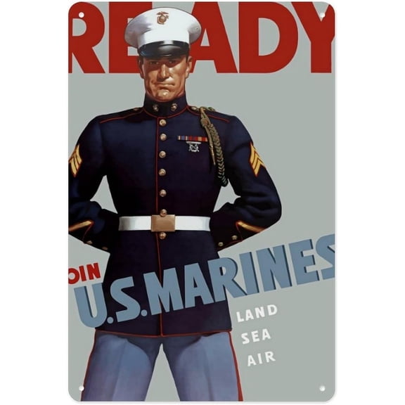 Vintage U.S. Marines Land Sea Air World War II Metal Tin Sign, 12 x 8 Inch Historical Military Wall Art for Home Office Garage Man Cave