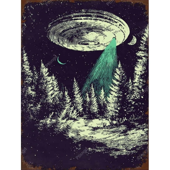 Vintage UFO Abduction Night Metal Wall Sign, Forest Beam Scene, Sci-Fi Alien Decor for Game Room or Man Cave, 8 x 12 Inch