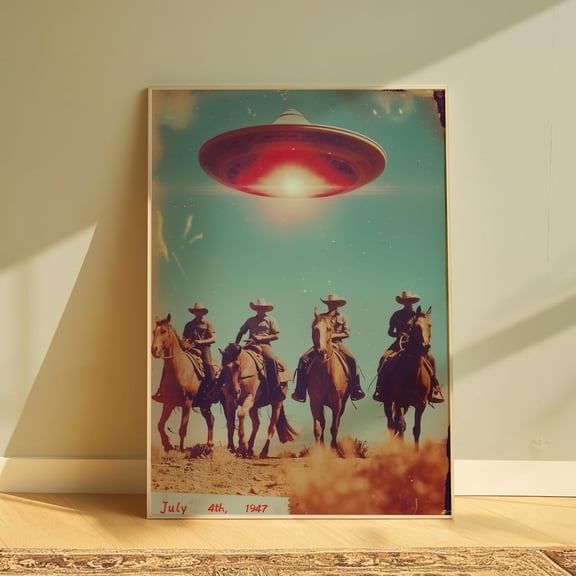 Vintage UFO Cowboy Wild West Alien Decor Wall Art