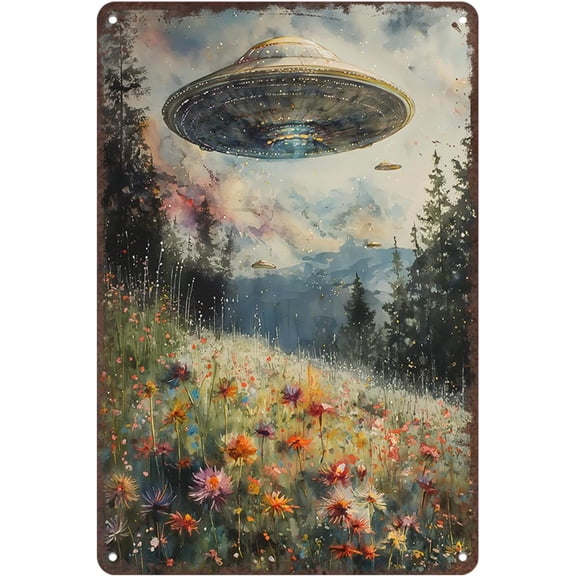 Vintage UFO Over Flower Field Metal Sign, Psychedelic Retro Wall Art for Home Living Room Bedroom Decor, 8 x 12 in