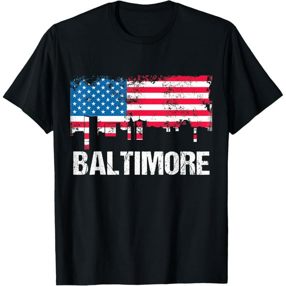 Vintage US Flag Baltimore Maryland USA City Skyline T-ShirtMen and women, Black T-shirt, size: Extra large