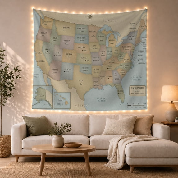 Vintage US Map on Aged Parchment Background, Nostalgic Illustration for Geography Fans, Educational Classroom Art, Back to School Gift, Tapestry Wall Hanging for Home Library and Study Room