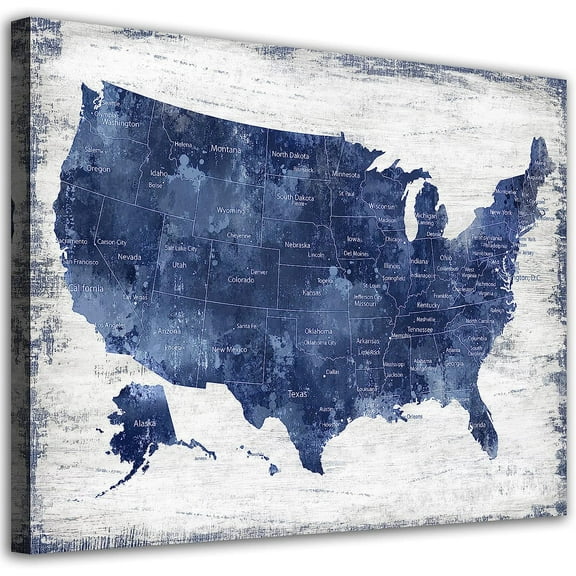 Vintage US Map Wall Art Indigo America Map Canvas Wall Decor Retro Blue USA Map Pictures Canvas Prints for Office Kitchen Bedroom Living Room Home Decor Framed Canvas Artwork Ready to Hang 12"x16"