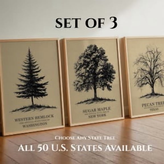 Vintage US State Tree Poster Set of 3: Botanical Wall Art Choose Any State Tree USA Nature Decor, Poster Only