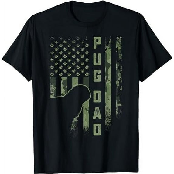 Vintage USA American Camo Flag Proud Pug Dog Dad Silhouette T-Shirt