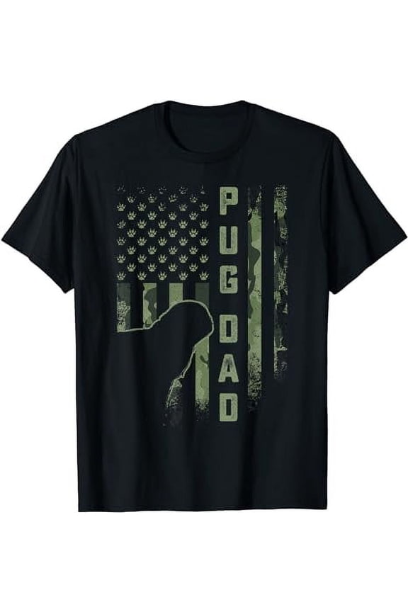 Vintage USA American Camo Flag Proud Pug Dog Dad Silhouette T-Shirt