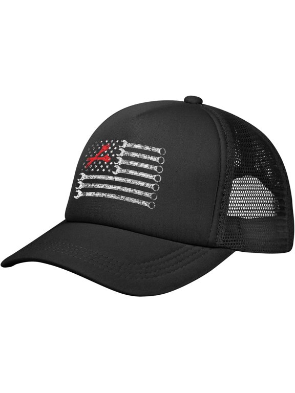 Vintage USA American Flag Mechanic Wrench Baseball Cap Adjustable Casual Mesh Hats Duck Tongue Hat for Men Women68 Black