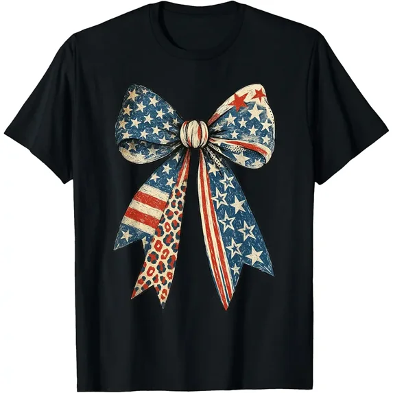 Vintage USA Bow Red White Blue Patriotic Independence Day Unisex T-Shirt, up to Size 5XL