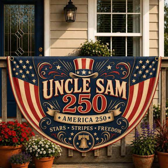Uncle Sam 250 Flag Vintage Patriotic Porch Banner for America 250 Celebrations