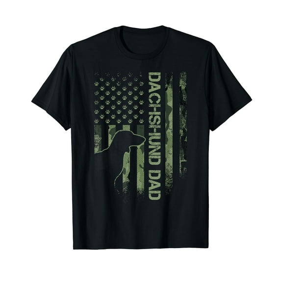 Vintage USA Camo Flag Proud Dachshund Dad Wiener Silhouette T-Shirt