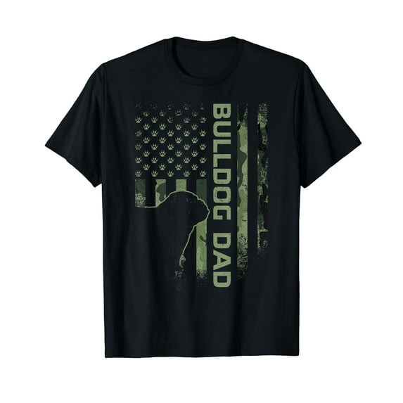 Vintage USA Camo Flag Proud English Bulldog Dad Silhouette T-Shirt