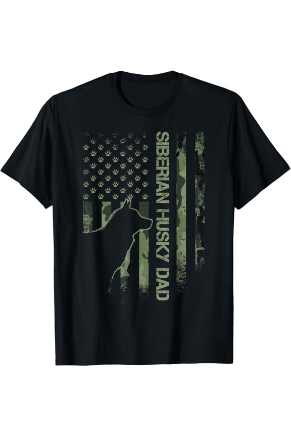 Vintage USA Camo Flag Proud Siberian Husky Dad Silhouette T-Shirt men and women can wear,black,white,creative gift