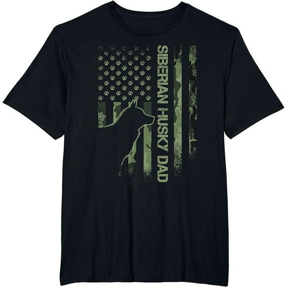 Vintage USA Camo Flag Proud Siberian Husky Dad Silhouette T-Shirt