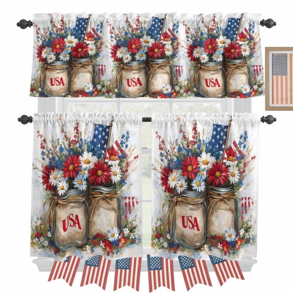 Vintage USA Flag Kitchen Curtains Valances 3 Piece Set, Independence Day Rod Pocket Tier Curtain and Valance Drapes for Small Window 24 Inch Length for Bedroom Cafe