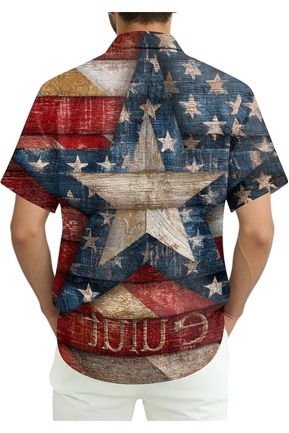 Vintage USA Flag Star Hawaiian Shirt Mens Patriotic Independence Day Button Down Retro American