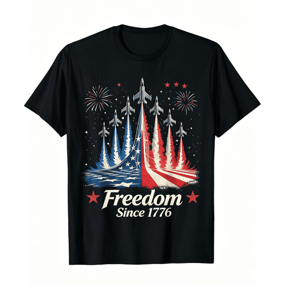 Vintage USA Patriotic Tee For Men | Freedom Since 1776 American Flag Jet Fighter 4th Of July T-Shirt