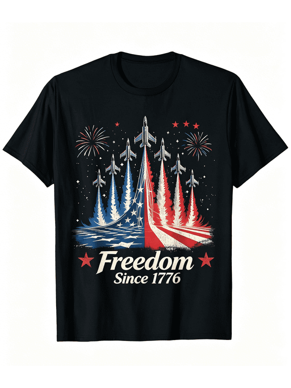 Vintage USA Patriotic Tee For Men | Freedom Since 1776 American Flag Jet Fighter 4th Of July T-Shirt