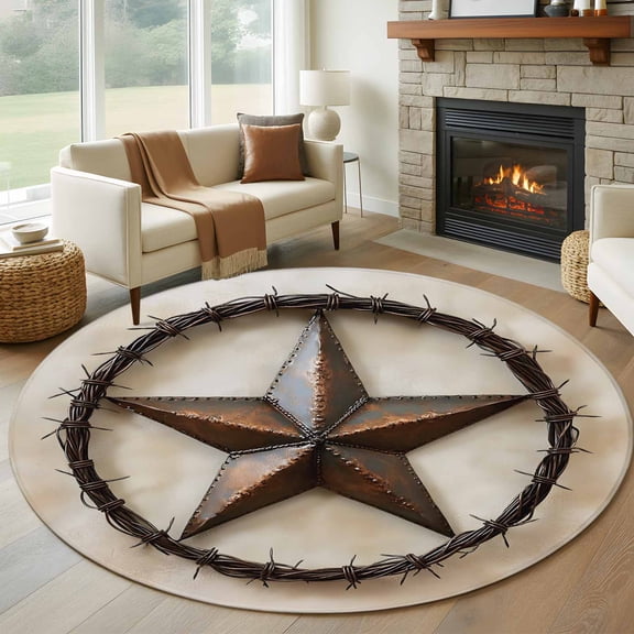 Vintage USA Star Independence Day 7' Round Rug for Living Room Conversation Area, Plank Texture Washable Non Slip Large Circle Area Rug